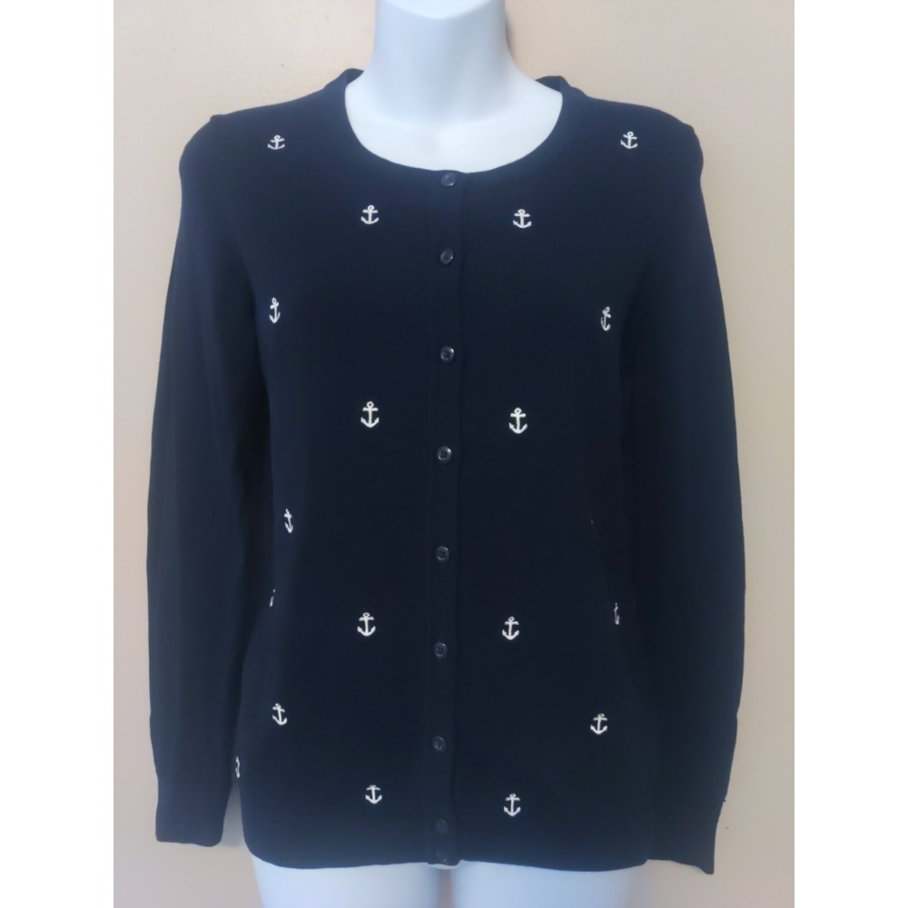 Tommy Hilfiger Women Navy Blue Embroidered Anchor Button Down Sweater Size S